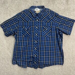 Wrangler Western Shirt Men 3XL Big Blue Plaid Pearl Snap Short Sleeve WM222BL